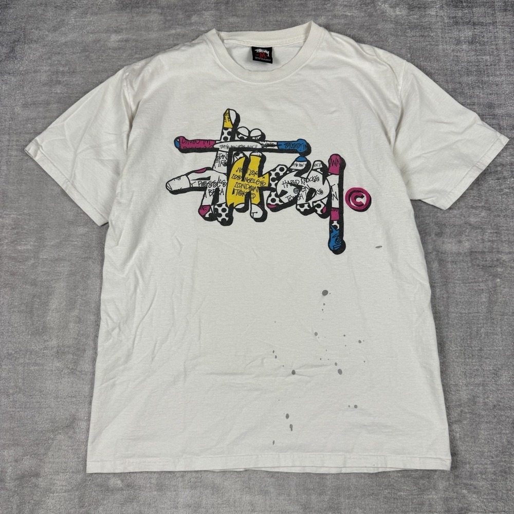 Vtg Stussy Shirt Mens Medium White Y2K Spell Out Graffiti Skate Surf‎ Streetwear